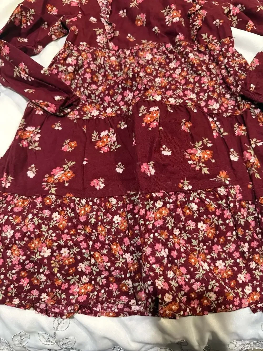 Gymboree Girls Long Sleeve Tiered Floral Twill Dress Burgundy Size 6